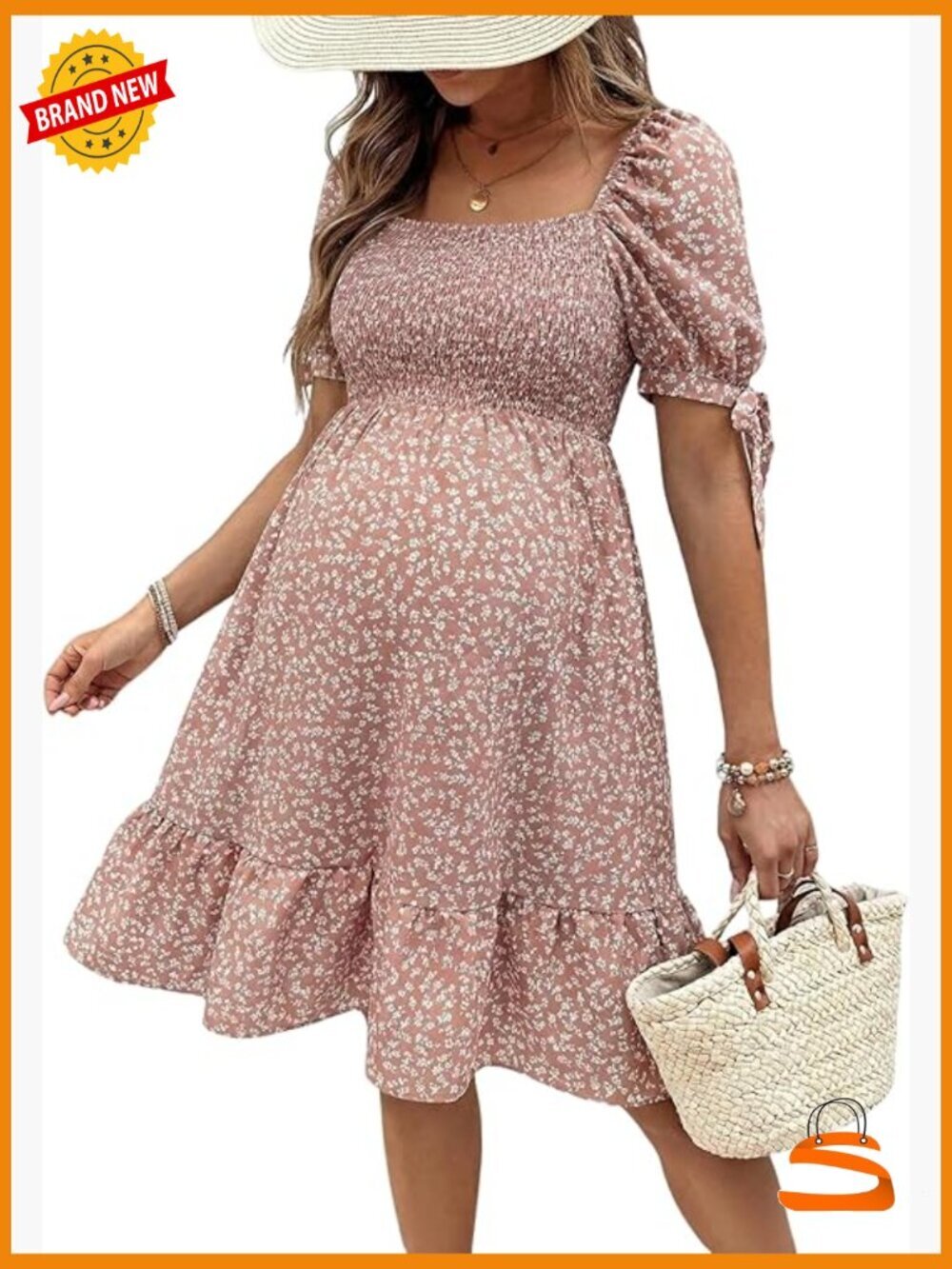 Maternity Dress Summer Beach Sundress Floral Puff Sleeve Baby Shower